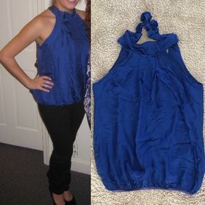 High Tie Neck Blue Blouse Buffalo